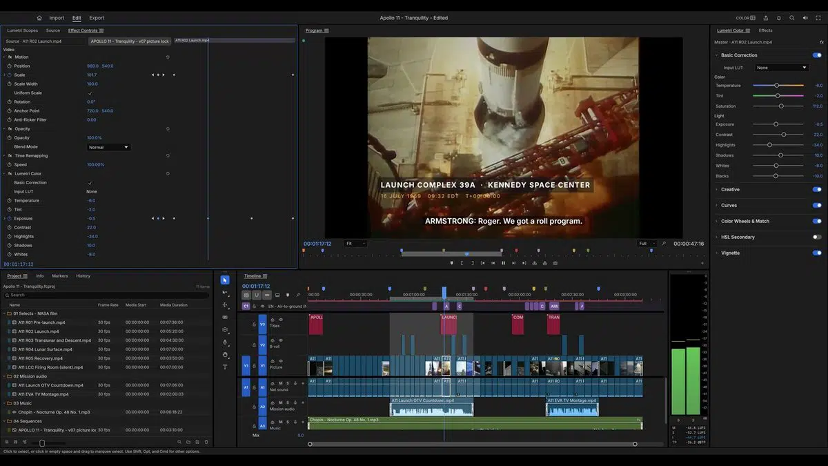 FilmCraft 调色工作区（阿波罗 11 号纪录片）