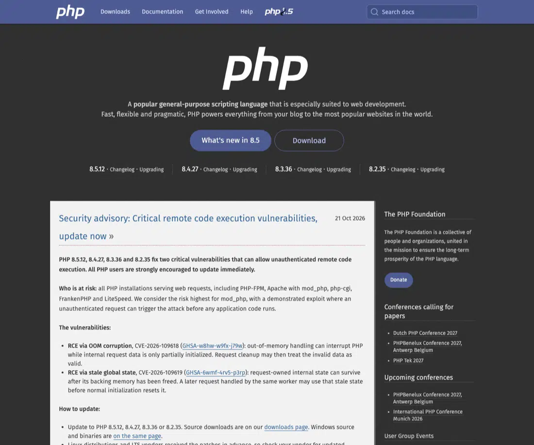 php.net 首页安全公告截图，标题为 Critical remote code execution vulnerabilities, update now，列出 PHP 8.5.12、8.4.27、8.3.36、8.2.35 为修复版本