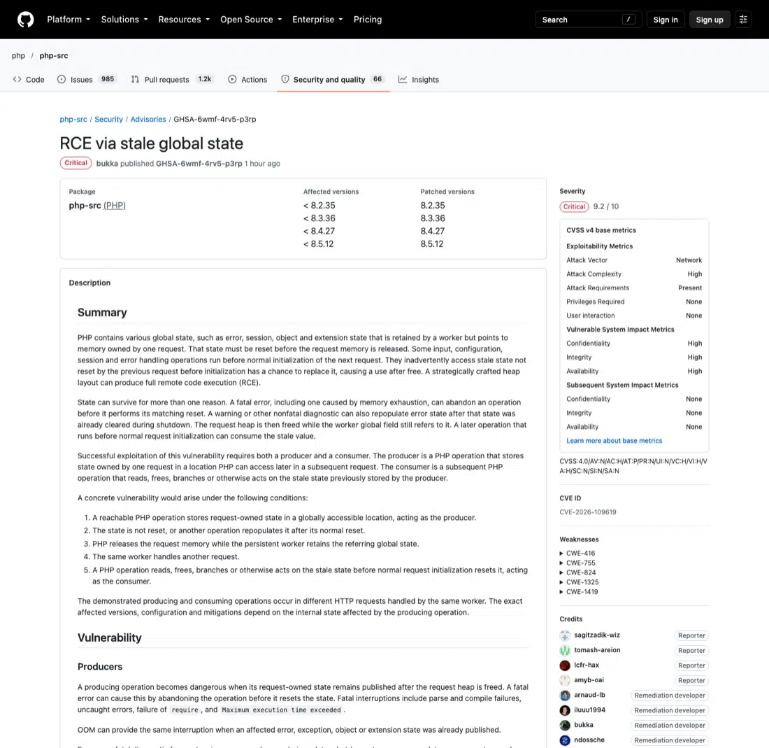 GitHub 上 php-src 仓库 GHSA-6wmf-4rv5-p3rp 安全通告页面，标题为 RCE via stale global state