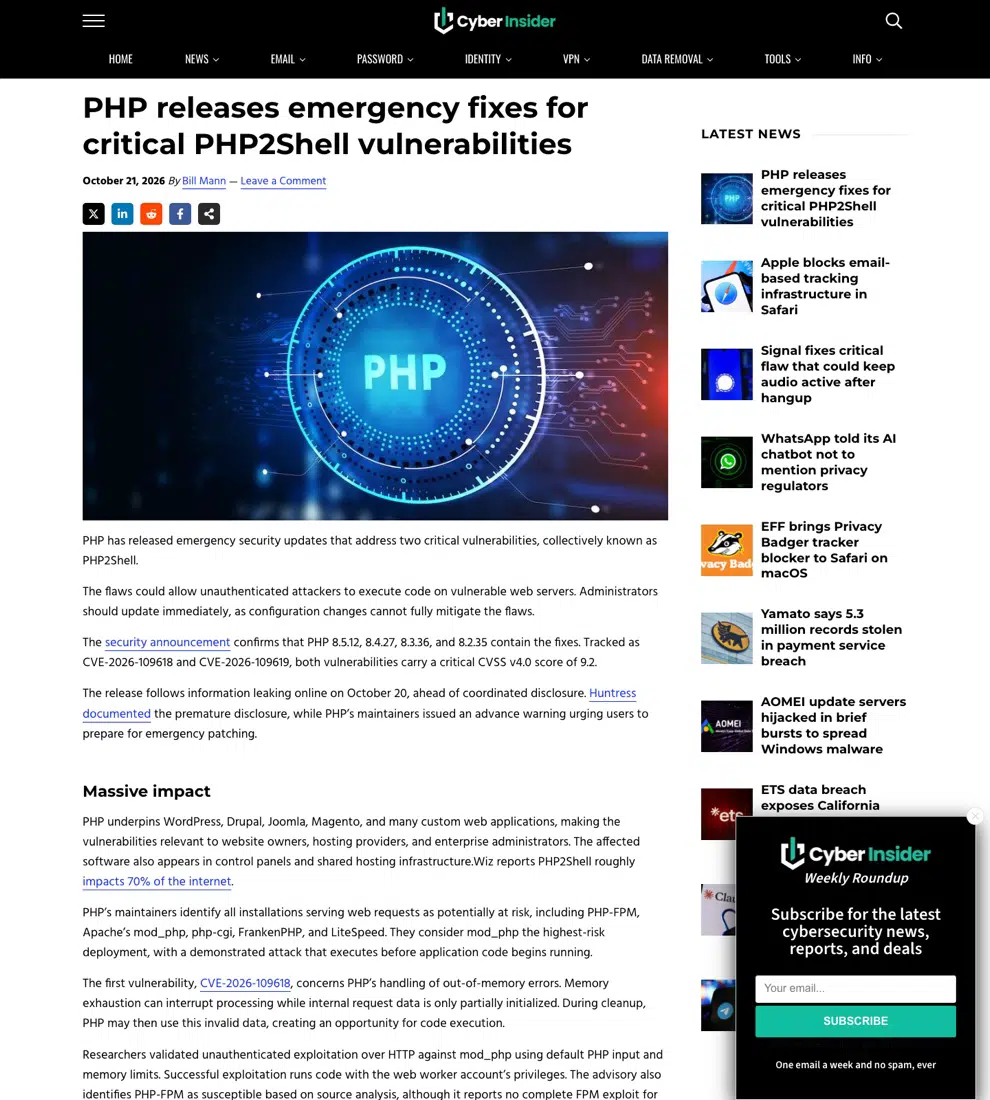 CyberInsider 关于 PHP2Shell 漏洞修复的报道页面截图