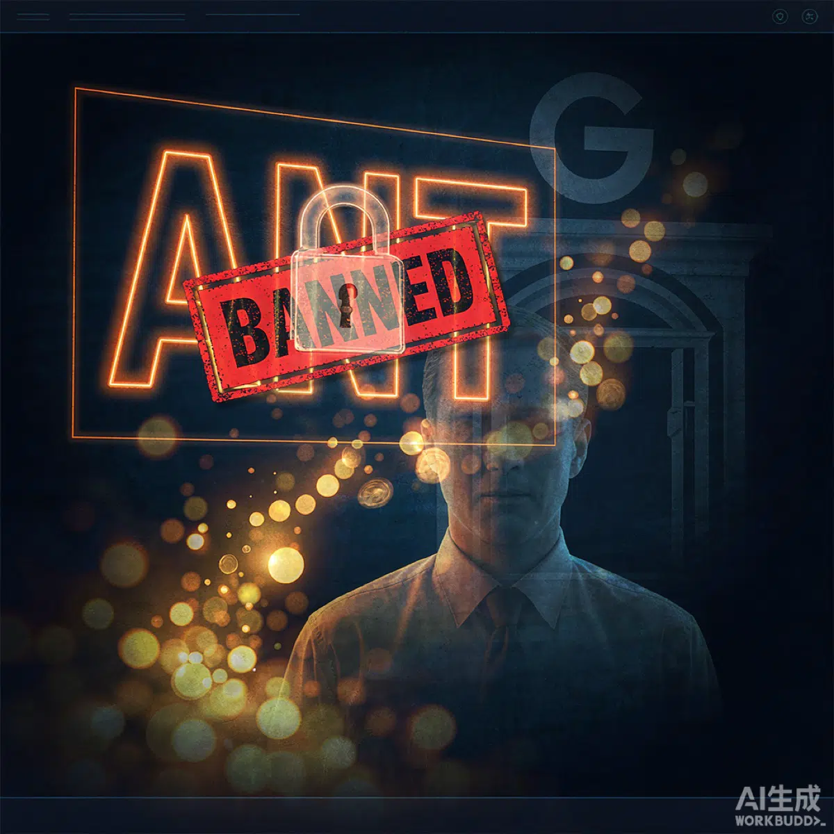 编辑级概念配图：ANT 股票代码与封号印章、金币流向保险库